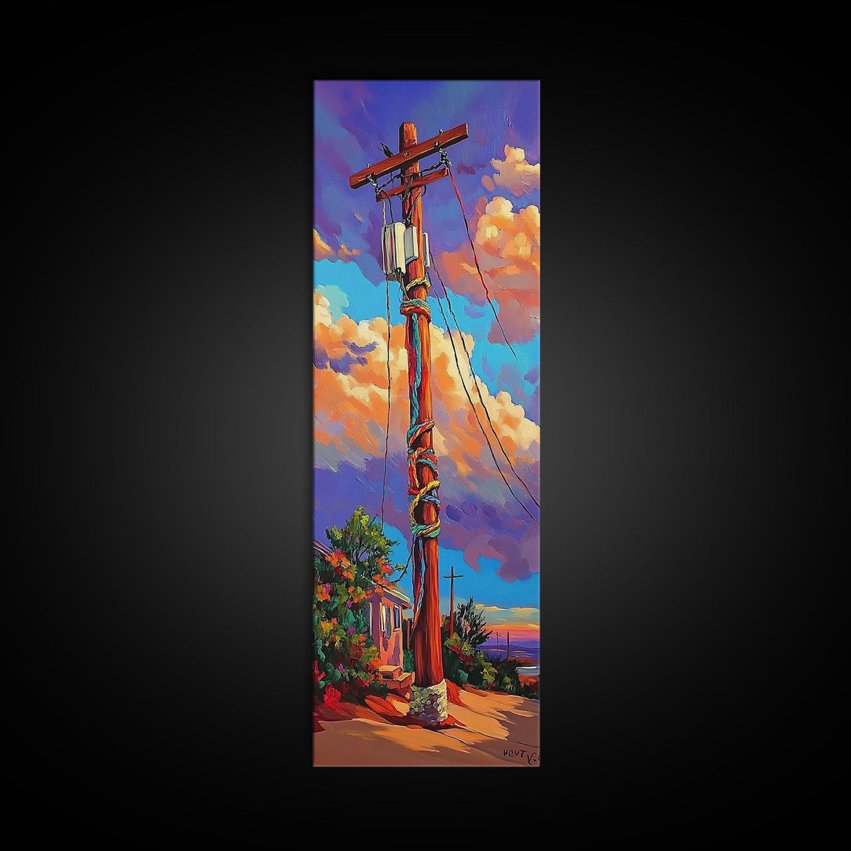 Telephone Pole, Sunset, Framed Canvas Print, Urban Wall Art, Southwest Landscape Decor, Colorful Street Scene, Eclectic Room Accent