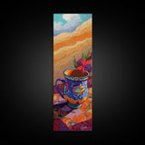 Cup Hibiscus, Coffee, Bold - Framed Canvas Print coffee lover gift, tropical mug painting, breakfast nook decor, colorful boho wall art