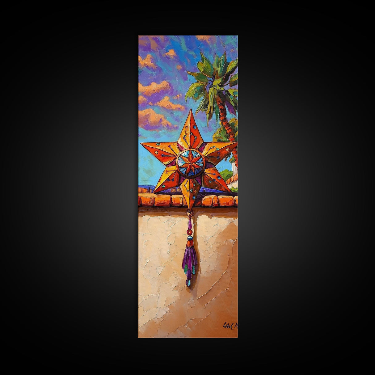 Star Sunset, Fiesta, Palm - Canvas Print Mexican star art, vibrant outdoor wall decor, rustic fiesta painting, patio or entryway accent