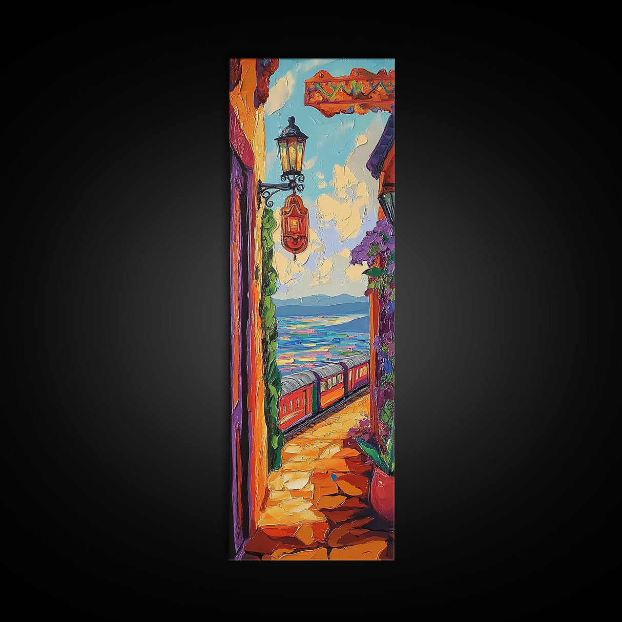 Train Seaside, Pathway Charming — Framed Canvas Print, whimsical travel artwork, Mediterranean street painting, kitchen decor, coastal scene