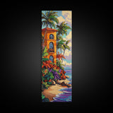Villa Palms, Beach Colorful — Framed Canvas Print, tropical vacation home decor, beach house art, vibrant coastal scene, entryway print