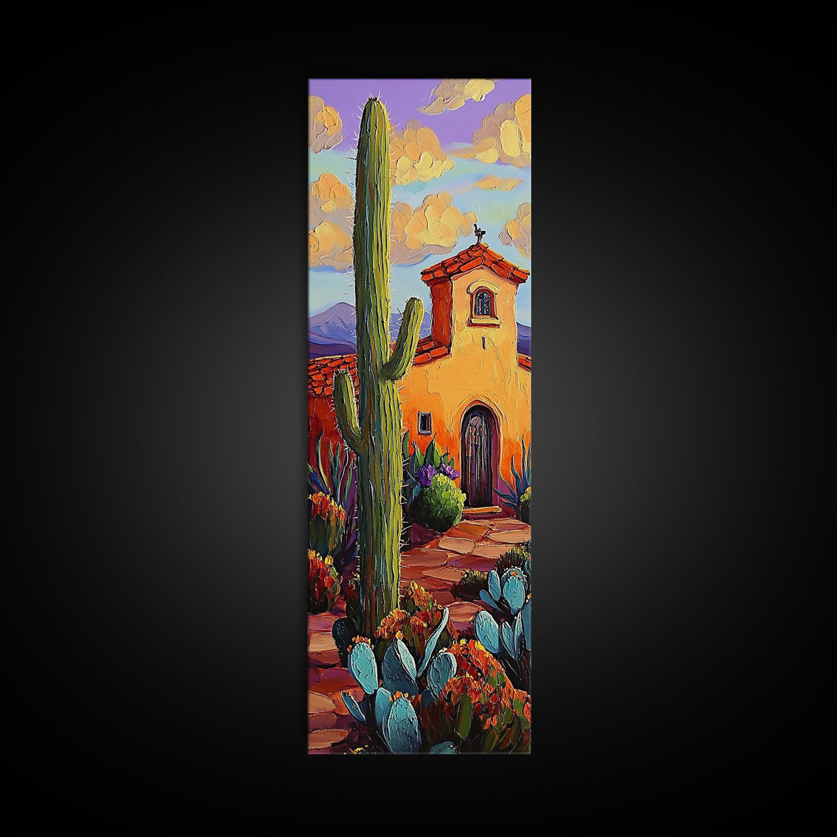 Mission Cactus, Desert Sunset – Southwestern Church Wall Art, Rustic Fall Colors, Framed Canvas Print, Living Room Boho Style