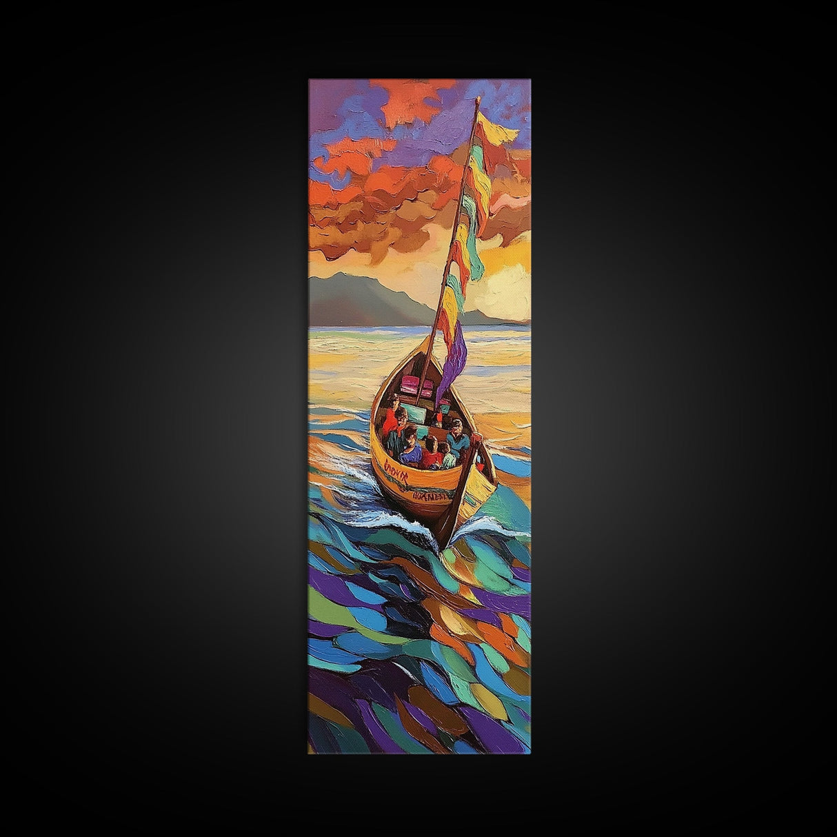 Colorful Boat, Sunset Sea, Vibrant Ocean Scene, Framed Canvas Print, Coastal Wall Decor, Eclectic Living Room Art, Nautical Wall Art