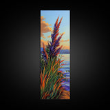 Feather Grass, Sunset Field, Colorful Coastal Landscape, Framed Canvas Print, Boho Bedroom Wall Art, Nature Inspired Living Room Decor
