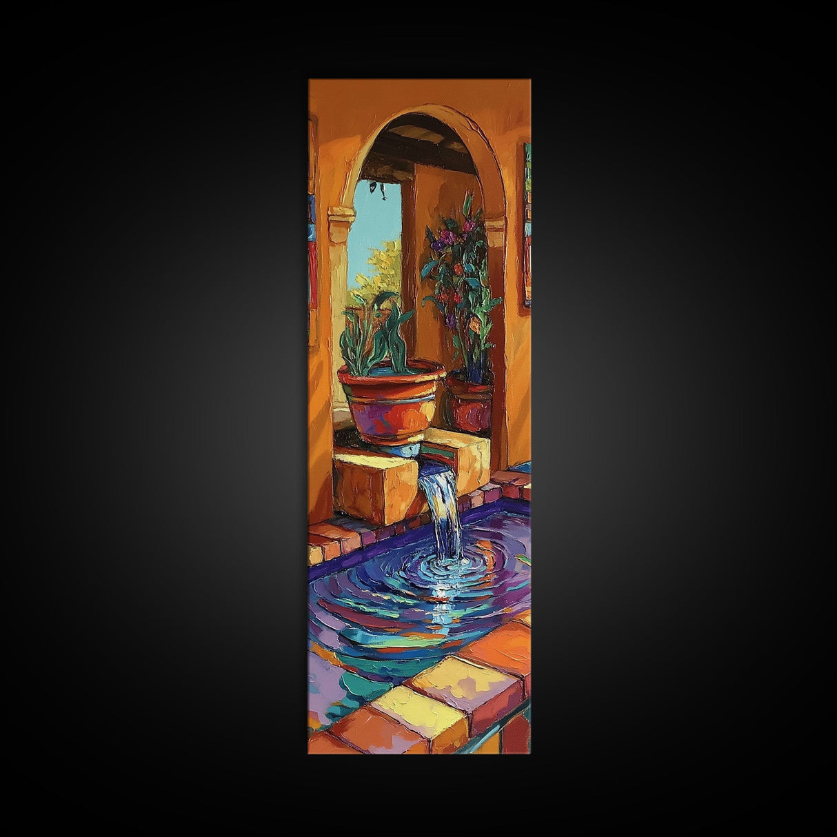 Courtyard Fountain, Terracotta Colors, Spanish Style Decor, Framed Canvas Print, Rustic Kitchen Wall Art, Mediterranean Patio Scene