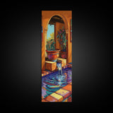 Courtyard Fountain, Terracotta Colors, Spanish Style Decor, Framed Canvas Print, Rustic Kitchen Wall Art, Mediterranean Patio Scene