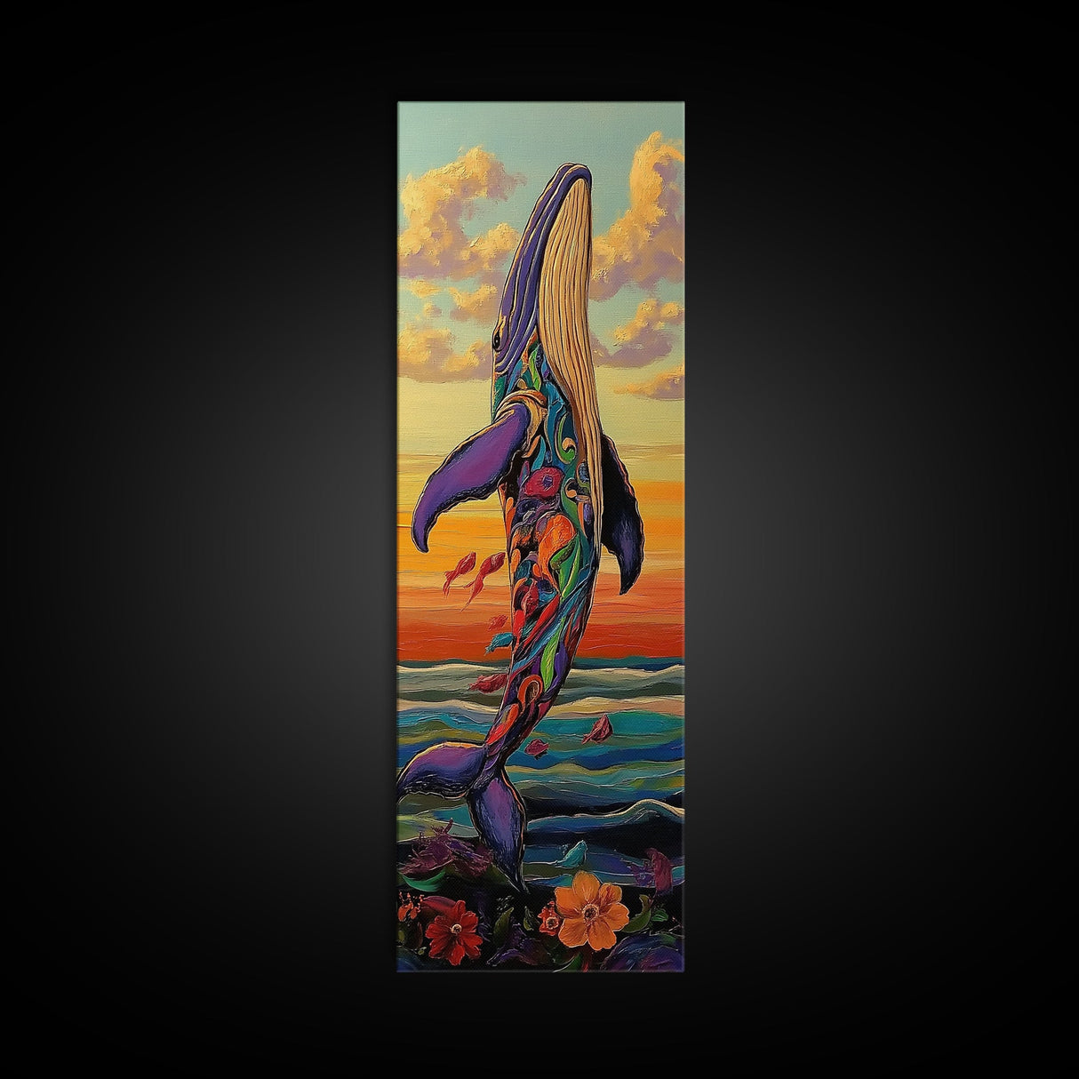 Rainbow Whale, Vibrant Ocean, Fantasy Sea Life, Framed Canvas Print, Whimsical Coastal Wall Art, Eclectic Living Room Nautical Decor