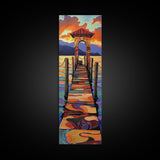 Sunset Pier, Pathway, Landscape, Framed Canvas Print, Coastal Wall Art, Sunset Beach Decor, Living Room Art, Colorful Landscape Painting