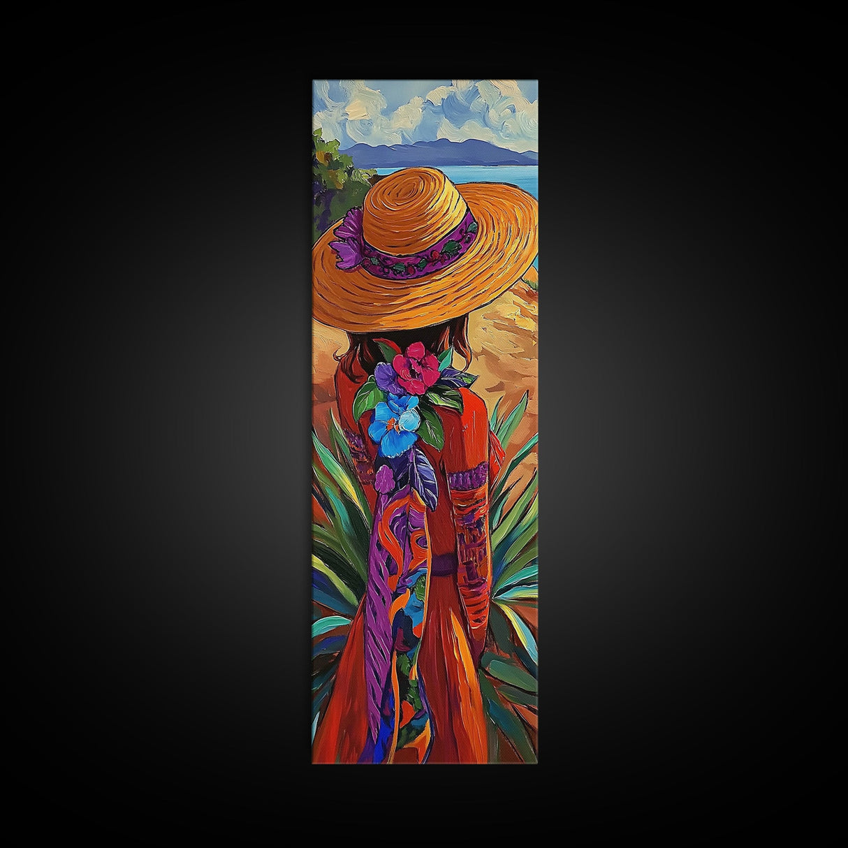 Woman Hat, Flowers, Beach, Canvas Print, Boho Wall Art, Coastal Bedroom Decor, Mexican Art Style, Colorful Summer Wall Accent