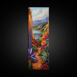 Colorful Desert, Garden, Pathway, Framed Canvas Print, boho art, hallway wall decor, vibrant landscape painting, cactus desert art