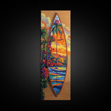 Surfboard Tropical, Sunset, Palm, Framed Canvas Print, Hawaiian surf art, beach house decor, vibrant coastal living room artwork