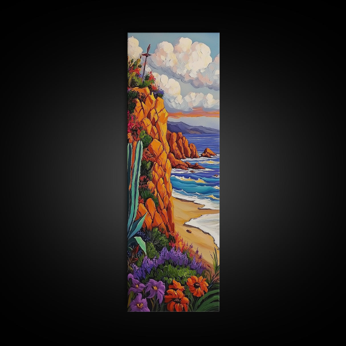 Ocean Cliff, Bloom, Sunset, Canvas Print, colorful coastal painting, fall flower art, boho beach house wall art, living room decor