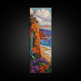 Ocean Cliff, Bloom, Sunset, Canvas Print, colorful coastal painting, fall flower art, boho beach house wall art, living room decor