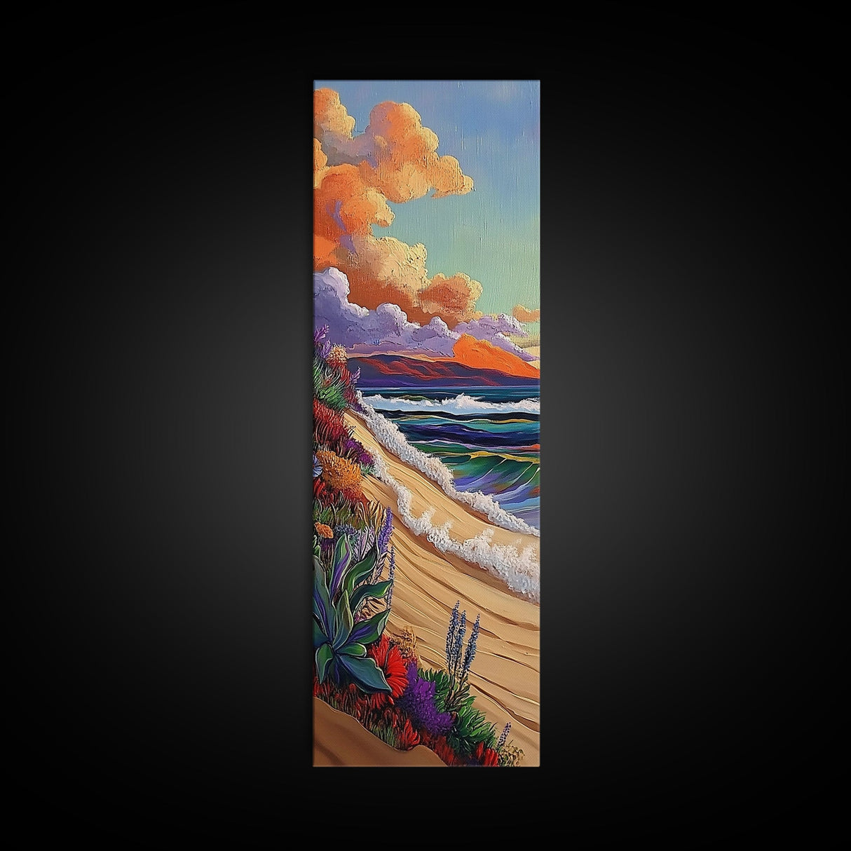 Shoreline Wildflowers, Waves, Sunset, Framed Canvas Print, beach boho art, floral coastal scene, bathroom or bedroom wall decor