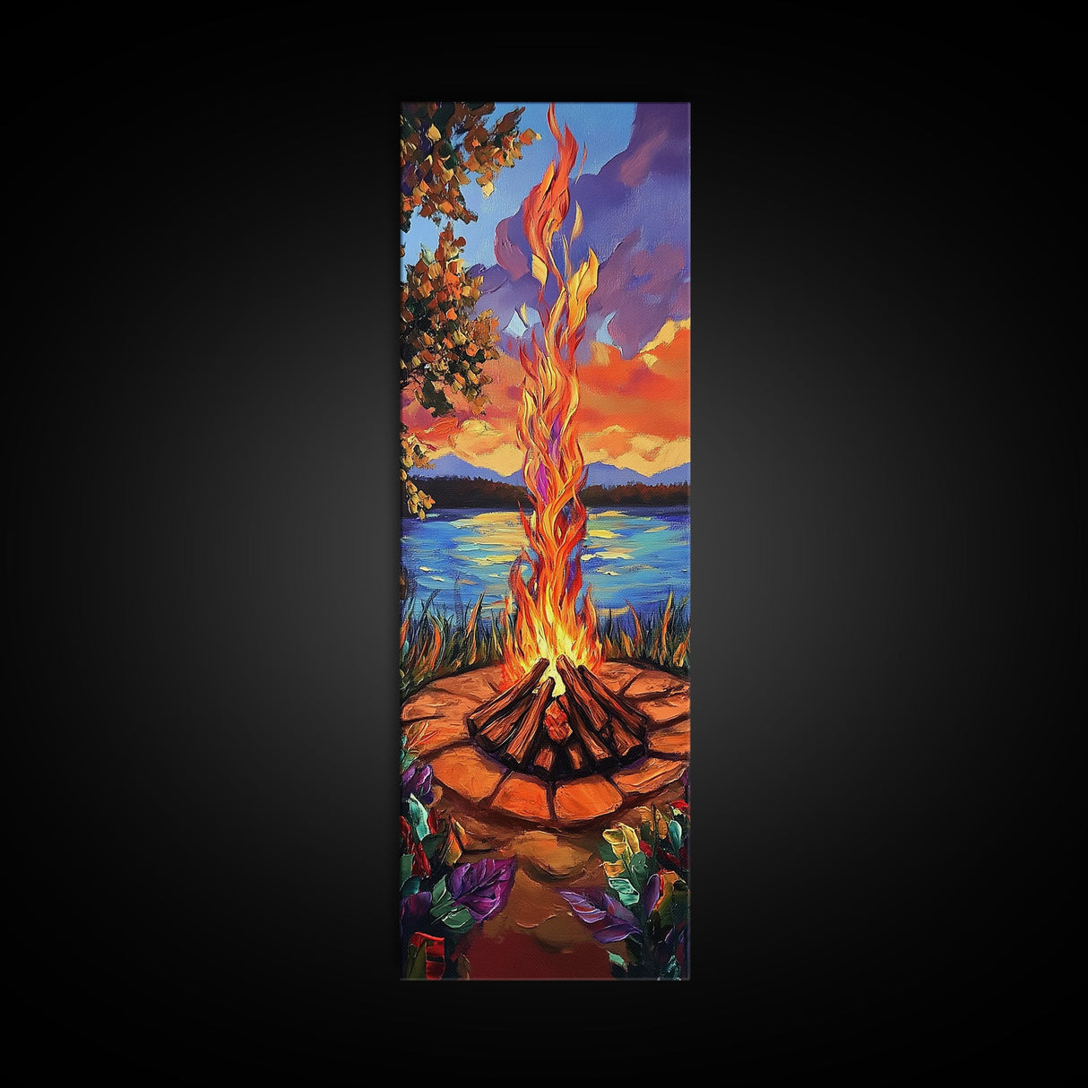 Campfire Flames, Sunset Lake – Rustic Firepit Wall Art, Cozy Cabin Vibes, Autumn Nature Scene, Framed Canvas Print, Lodge Decor