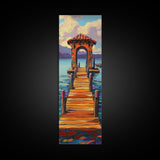 Colorful Pier, Archway, Water — Framed Canvas Print of a vibrant pier scene, coastal wall art, boho lake house decor, office accent