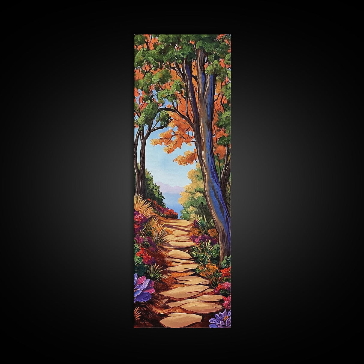 Autumn Pathway, Forest, Nature — Framed Canvas Print of scenic forest path with fall trees, cozy rustic living room wall decor, woodland art