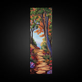Autumn Pathway, Forest, Nature — Framed Canvas Print of scenic forest path with fall trees, cozy rustic living room wall decor, woodland art
