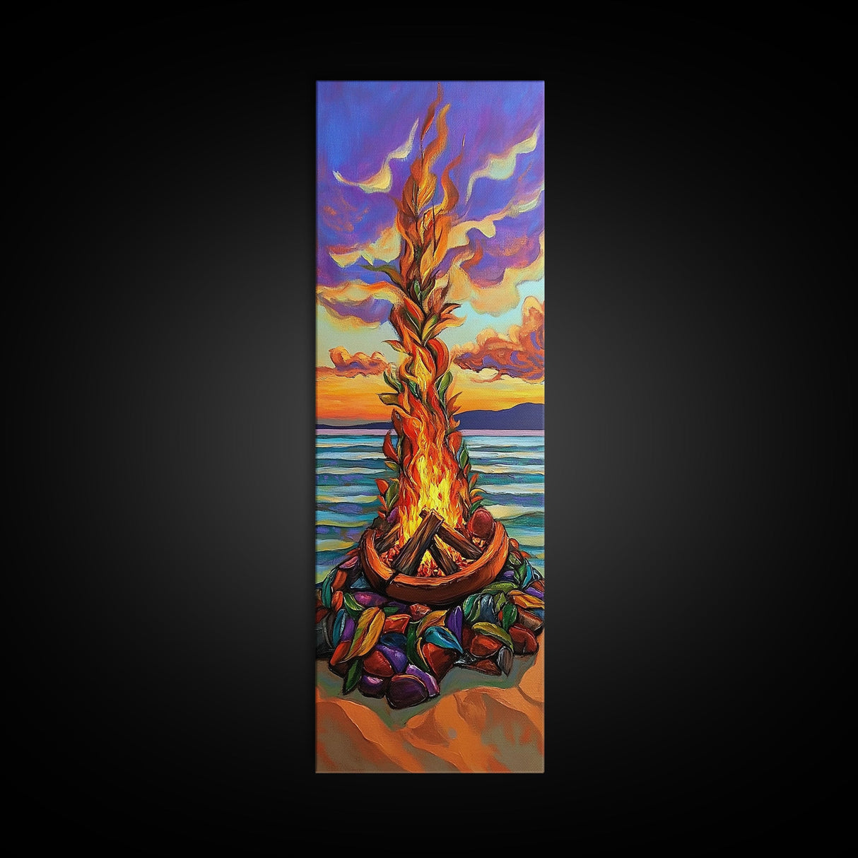 Vibrant Campfire, Sunset Beach – Colorful Beach Bonfire Painting, Fall Outdoor Wall Art, Framed Canvas Print, Cabin Living Room Style