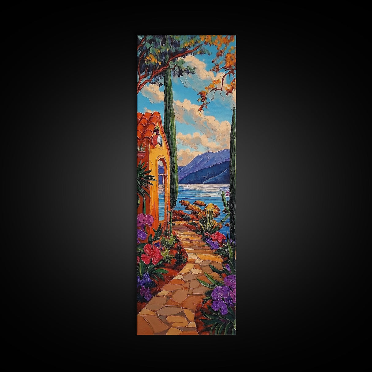 Seaside Garden, Pathway Escape, Framed Canvas Print, Mediterranean wall art, kitchen wall decor, colorful boho art, coastal landscape