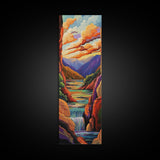 Canyon Sunset, Waterfall Calm, Framed Canvas Print, dramatic mountain wall art, nature inspired living room decor, colorful scenic landscape