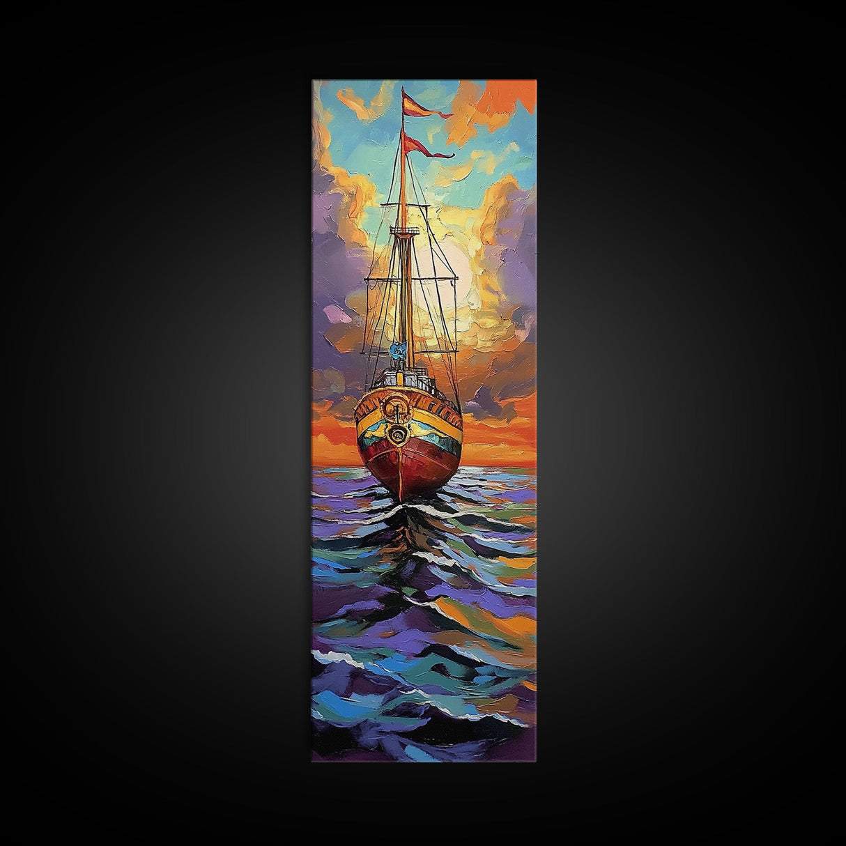 Pirate Ship, Sunset Ocean, Framed Canvas Print, nautical wall art, sailing adventure painting, moody seascape decor, office or den wall art