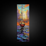 Pirate Ship, Sunset Ocean, Framed Canvas Print, nautical wall art, sailing adventure painting, moody seascape decor, office or den wall art