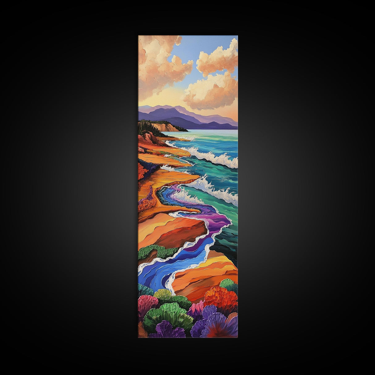 Coastal Waves, Flowers Landscape, Framed Canvas Print, Coastal wall art, beach landscape decor, boho style, bathroom or hallway art