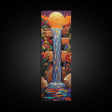 Sunset Waterfall, Flowers Fantasy, Framed Canvas Print, Vibrant landscape art, living room boho decor, magical nature scene