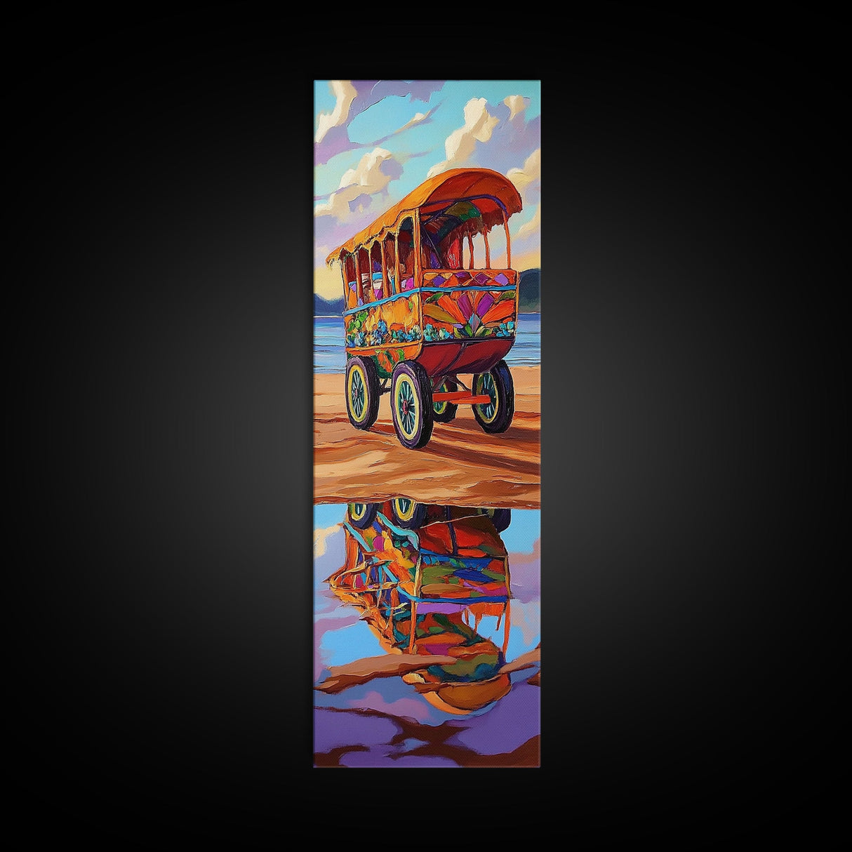 Wagon Reflection, Beach Vibrant, Framed Canvas Print, Colorful bohemian coastal art, living room decor, whimsical wall painting
