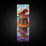Wagon Reflection, Beach Vibrant, Framed Canvas Print, Colorful bohemian coastal art, living room decor, whimsical wall painting