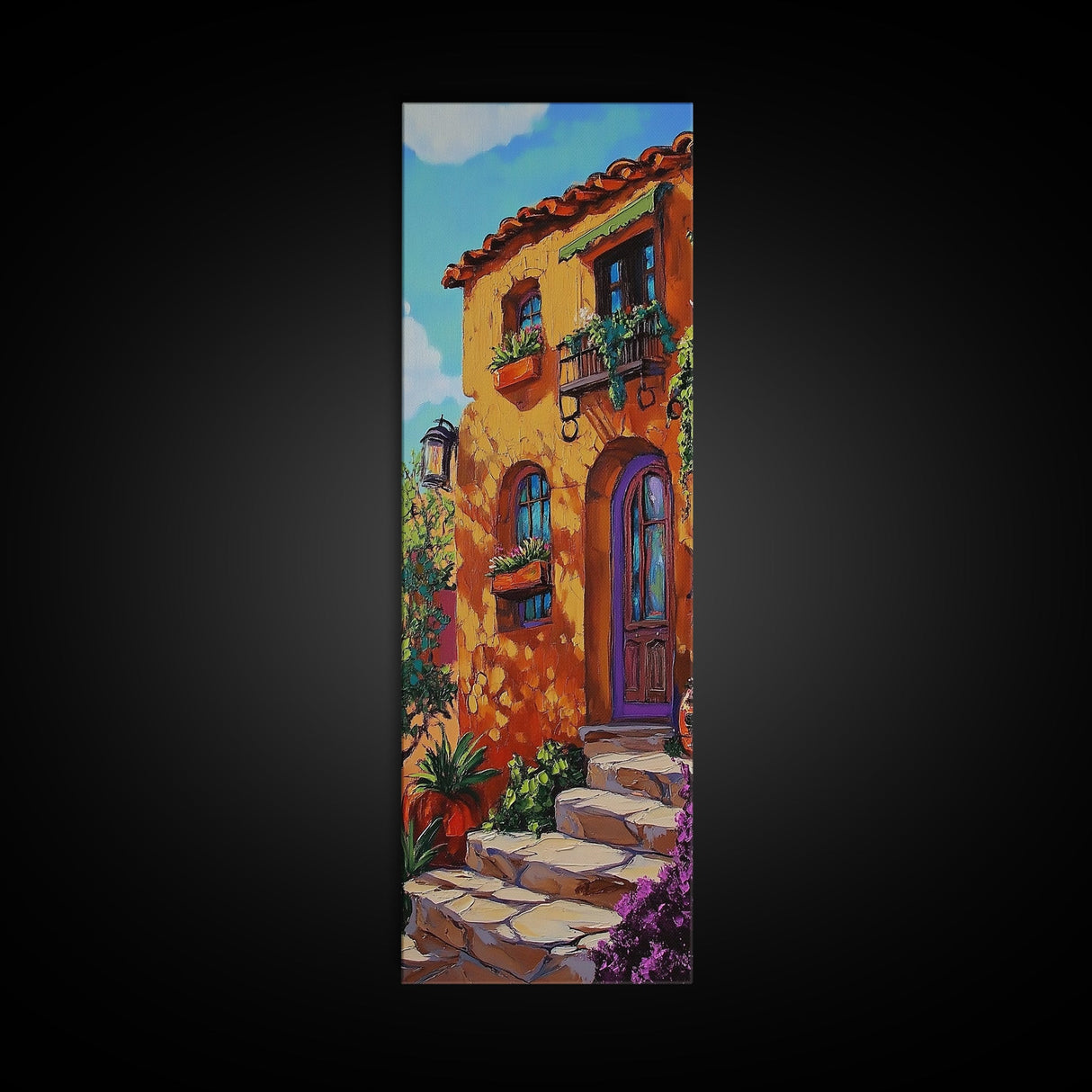 Villa Mediterranean, Doorway Autumn, Framed Canvas Print, Warm Tuscany house painting, rustic wall art, kitchen or entryway decor