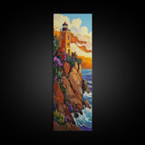 Lighthouse Sunset, Ocean Rocky, Framed Canvas Print, Nautical coastal art, lighthouse wall decor, living room or beach house art