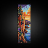 Sunset Cliffside, Ocean Tropical, Framed Canvas Print, Bold rocky coastline painting, tropical wall art, den or office decor piece
