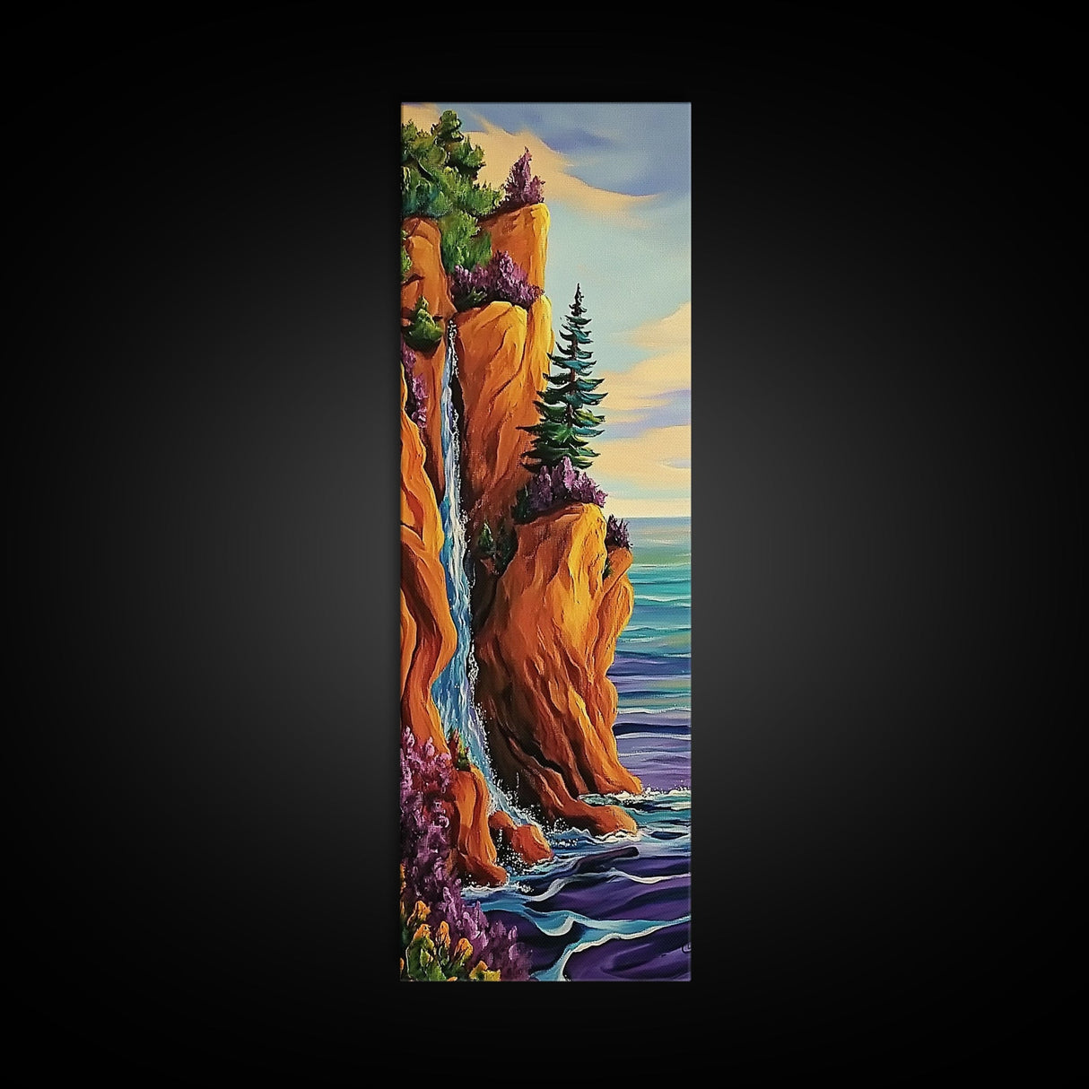 Coastal Cliffside, Waterfall, Pines - Framed Canvas Print, vibrant coastal landscape art, boho nature painting, hallway or office wall art