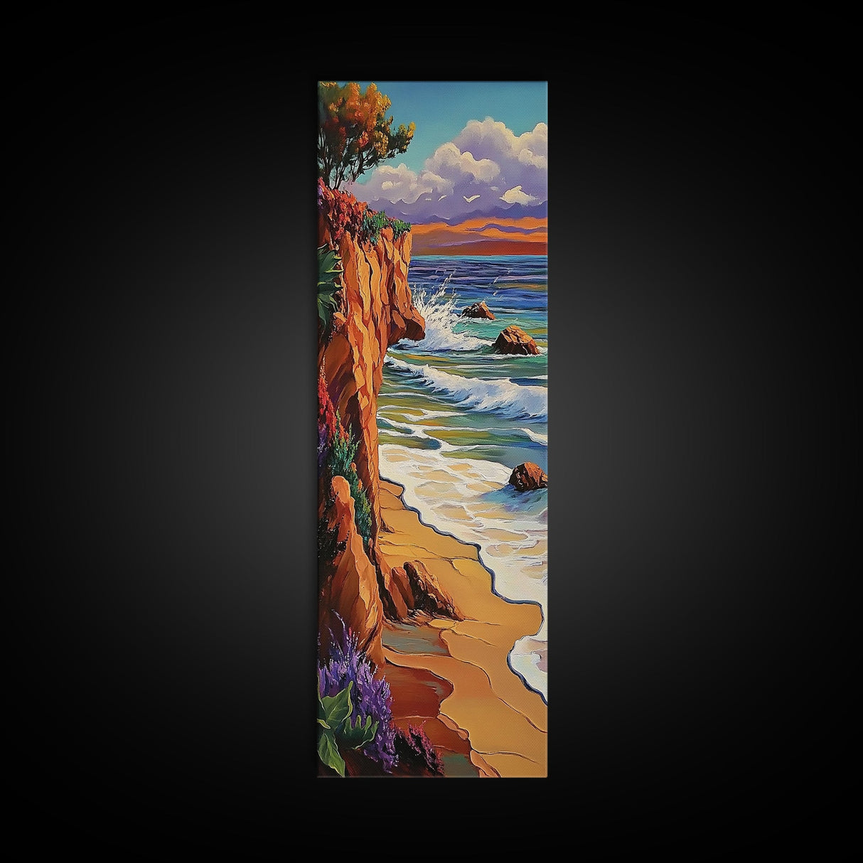 Ocean Cliff, Waves, Bold - Framed Canvas Print, coastal wall décor, colorful beach house art, fall inspired seascape, bedroom wall piece