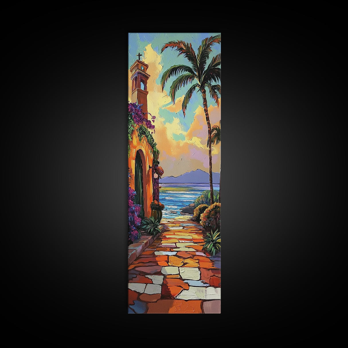 Seaside Church, Palms, Sunset - Framed Canvas Print, Mediterranean beach painting, boho villa wall art, living room or hallway accent piece