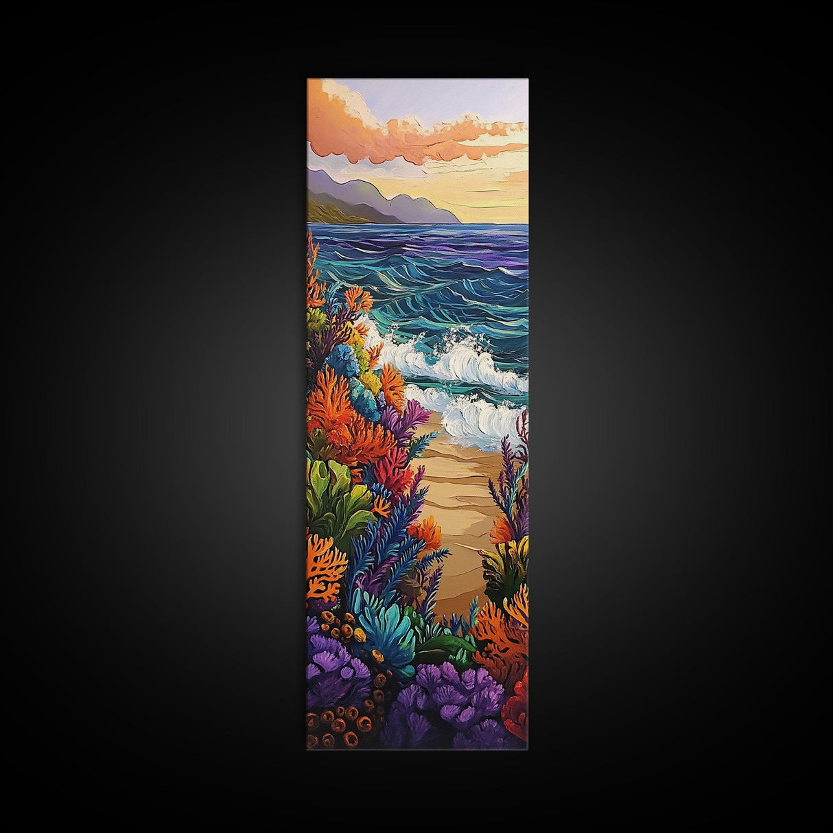 Ocean Waves, Coral Sunset, Canvas Print, Coastal living room wall art, colorful seascape painting, underwater reef design, tropical beach vibe