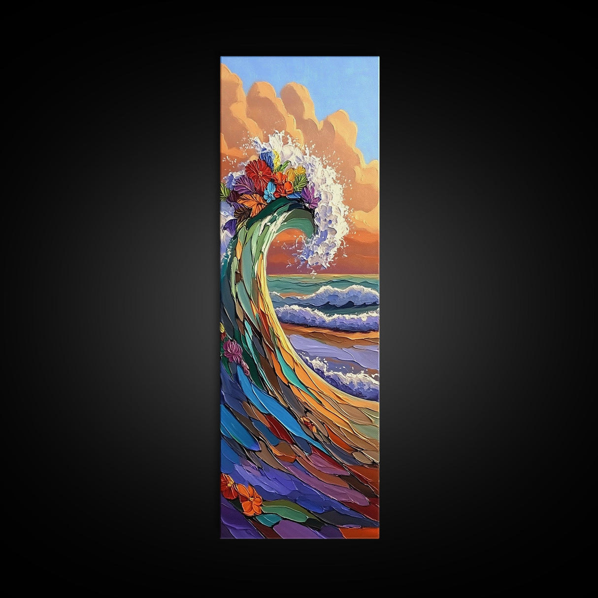Wave Flowers, Ocean Motion, Canvas Print, Vibrant seascape wall art, tropical wave painting, boho coastal living room decor, sunset surf vibe