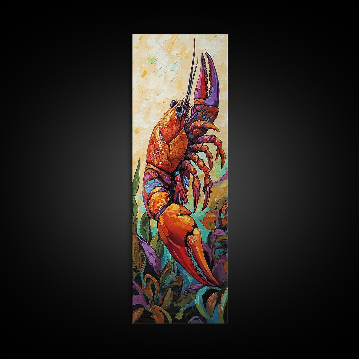Lobster, Vibrant, Bold, Sea, Framed Canvas Print, seafood kitchen art, tropical home decor, coastal dining room, whimsical ocean painting