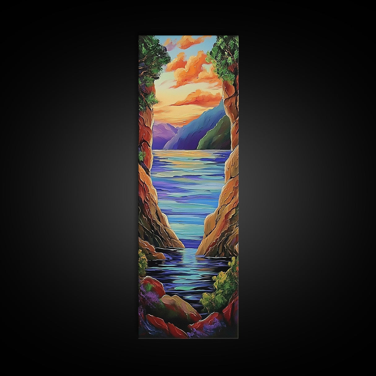 Mountain Canyon Sunset Water, Canvas Print, Sunset wall art, serene canyon lake painting, nature inspired hallway decor, boho peaceful print
