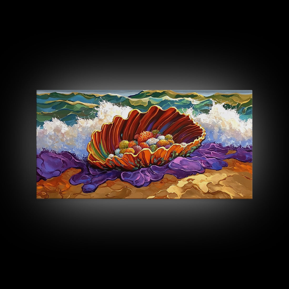 Shell Ocean, Jewel, Framed Canvas Print, Whimsical Ocean Shell Painting, Colorful Sea Treasure Wall Art, Nursery Decor