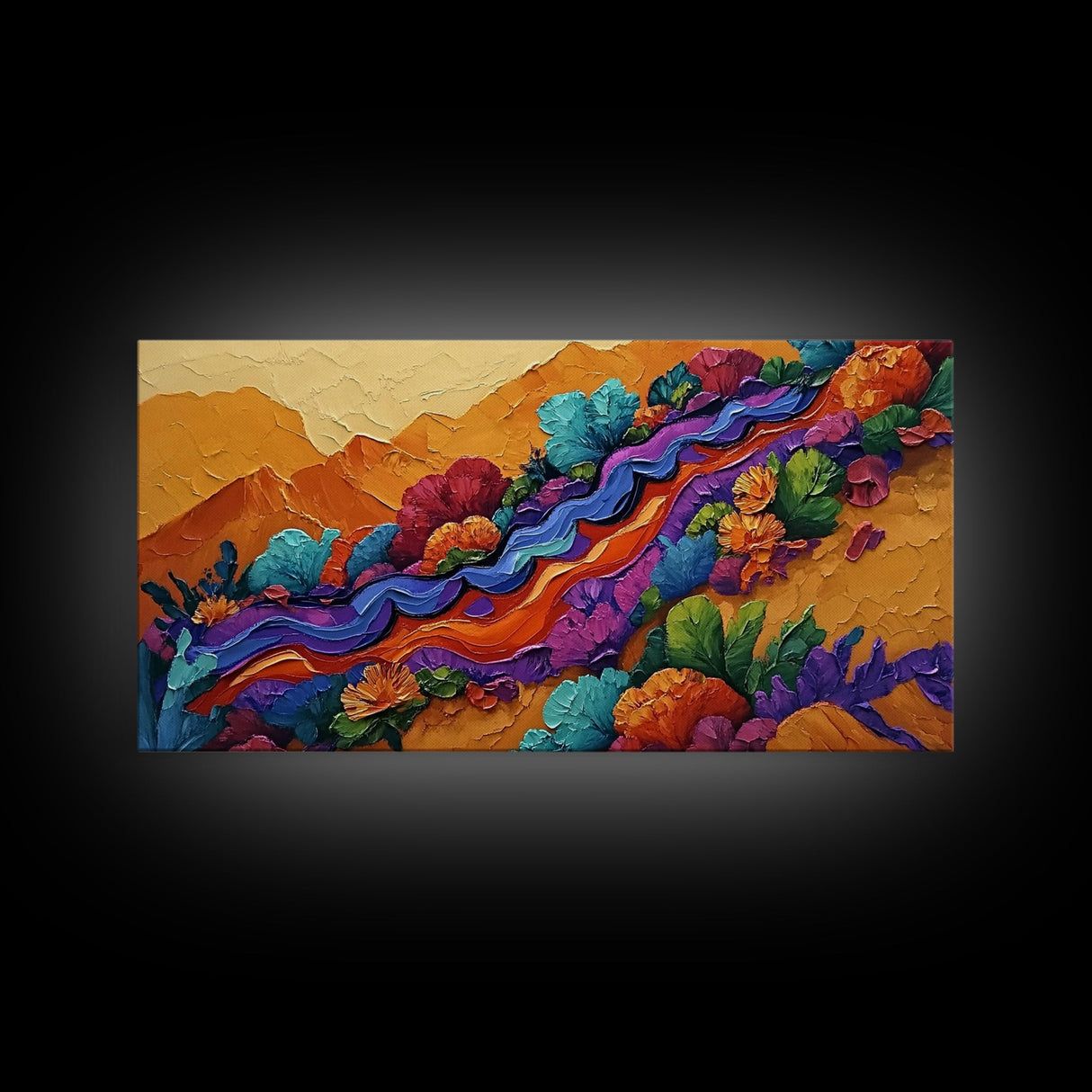 Mountains Flowers, Layers, Texture, Canvas Print, colorful impasto abstract mountain scene, modern art piece, textured fall wall decor