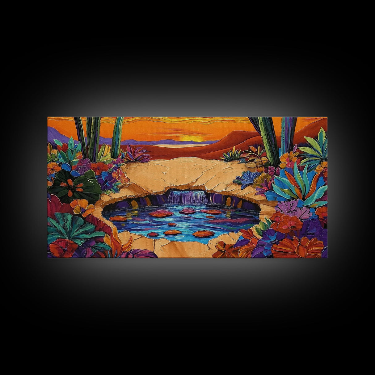 Sunset Cactus, Oasis, Vibrant Desert Canvas Print, Boho Living Room Wall Art, Colorful Sunset Painting, Southwest Style Artwork