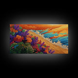 Beach Flowers, Sunset, Coastal Decor Canvas Print, Colorful Ocean Landscape, Tropical Boho Art, Living Room Beach Wall Art