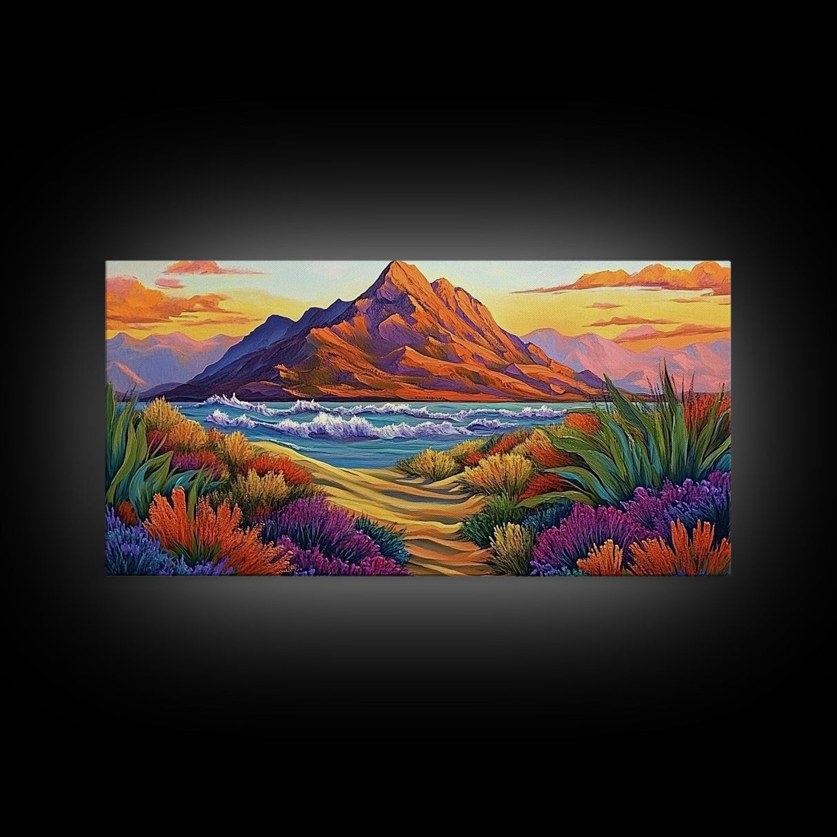Mountains Waves, Path, Sunset Landscape Canvas Print, Colorful Nature Wall Art, Southwest Bedroom Decor, Autumn Art Style
