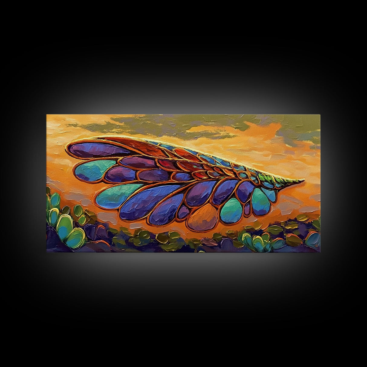 Wings Sunset, Nature, Abstract Boho Wall Art Framed Canvas Print, Colorful Dragonfly Wing Design, Living Room Focal Piece