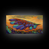 Wings Sunset, Nature, Abstract Boho Wall Art Framed Canvas Print, Colorful Dragonfly Wing Design, Living Room Focal Piece