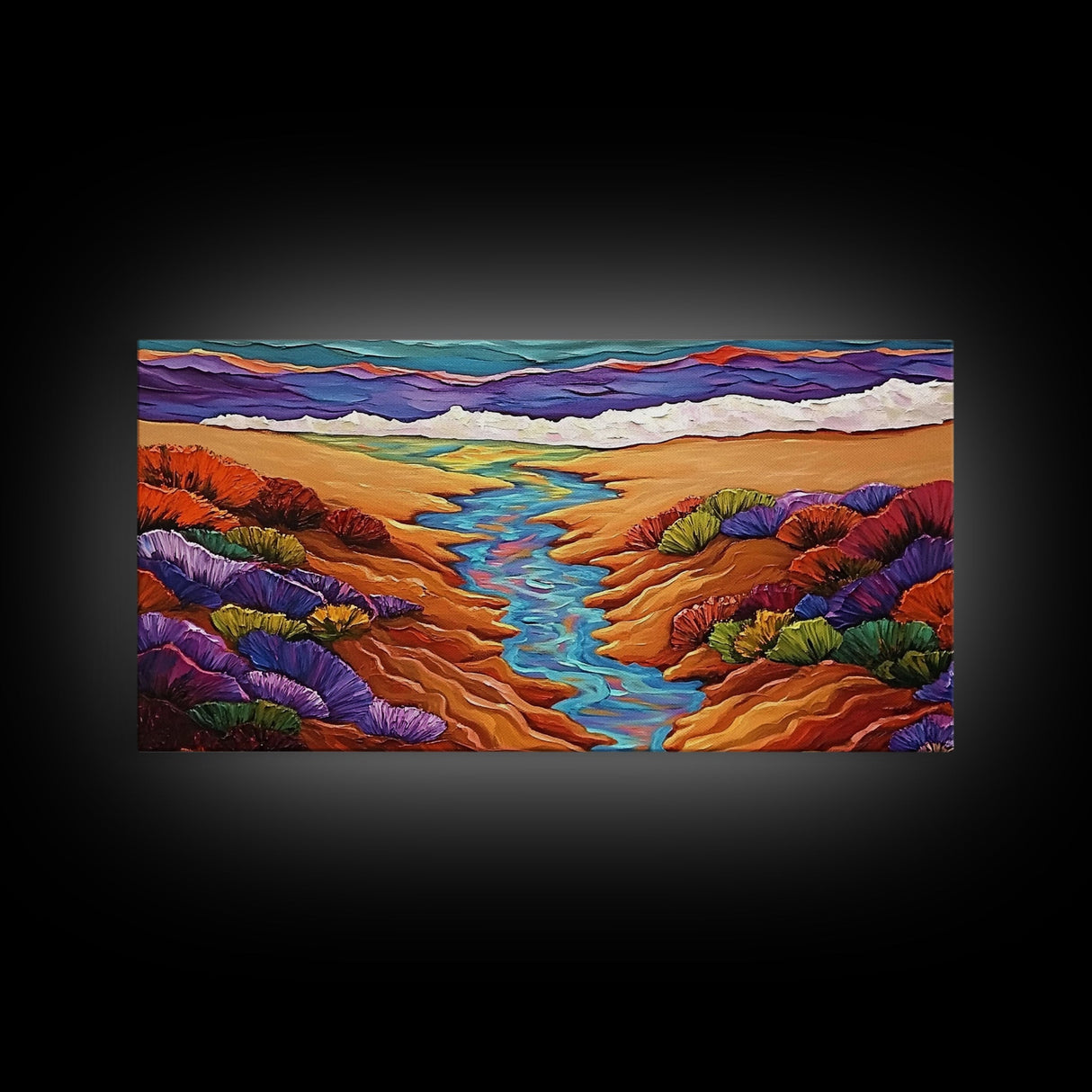 Stream Desert, Flowers, Vibrant Nature Canvas Print, Southwest Landscape Wall Decor, Autumn Living Room Boho Art Style