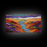 Stream Desert, Flowers, Vibrant Nature Canvas Print, Southwest Landscape Wall Decor, Autumn Living Room Boho Art Style